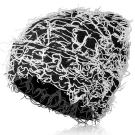 Chuarry Distressed Knitted Beanie Fuzzy Winter Hats Thick Warm Y2k Beanie Snow Knit Cap Skull for Women Men(Black and White,Regular Style)