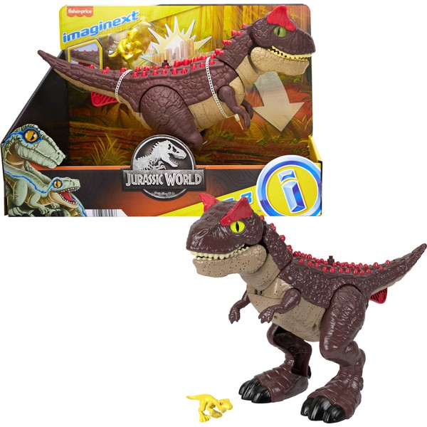 Imaginext Jurassic World Dinosaur Toy Spike Strike Carnotaurus 11-Inch Tall Figure with Baby Raptor for Ages 3+ Years