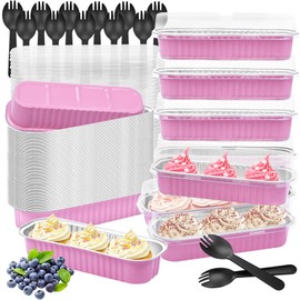 Mini Moldes Rectangulares para Pan, Paquete de 50 Minicajas de Aluminio Rosa con Tapa, Rectangulares para Hornear con Tapas y Cucharas, Latas Desechables Rectangulares Pink-Mini Aluminum Box-50pcs