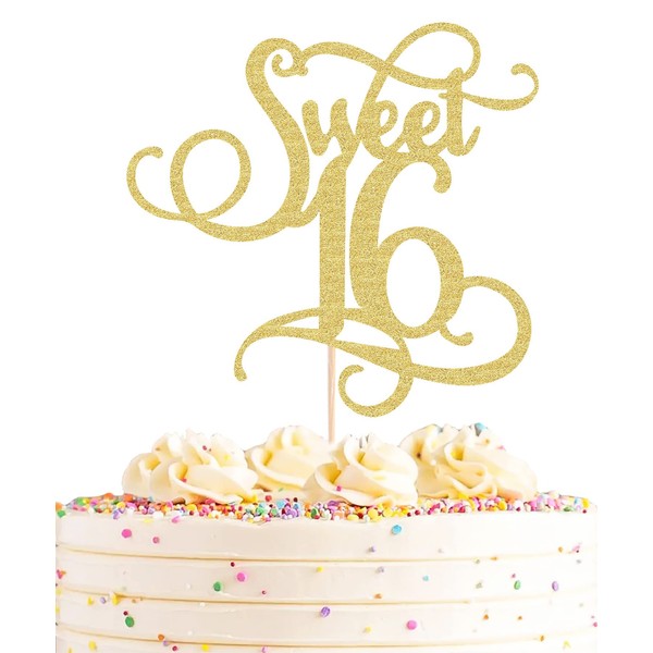 AHAORAY Decoración para tartas de dulces 16 – Suministros de decoración para fiesta de cumpleaños 16 con purpurina dorada – Saludos a 16 años, 16 aniversario de boda, aniversario de amistad, decoración para tartas