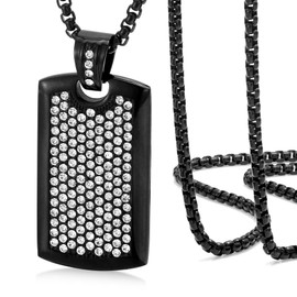 ROWIN&CO Iced Out Dog Tag Black Necklace for Men Cubic Zirconia Pendant with 24" Chain | Hip Hop Bling Jewelry Gift for Him/Her | Unisex Stainless Steel Rappers Chain