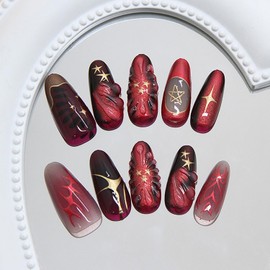 24Pcs Red Press on Nails Medium Almond Fake Nails with 3D Designs Glue on Nail Gold Star Acrylic Nail Heart Bow False Nail French Tip Stick on Nails for Women Nail Decoration Supplies