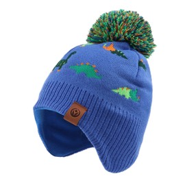 Zsedrut Baby Winter Hat & Scarf Set Kids Dinosaur Fleece Lining Warm Earflap Beanie with Pompom(Royal Blue Dinosaur, 2-4 Years)