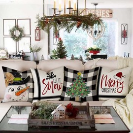 Christmas Pillow Covers 18x18 Set of 4 Farmhouse Christmas Decorations Christmas Pillows Linen Decorative Pillows for Christmas Decor Indoor Home Decor
