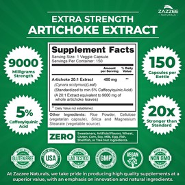 Zazzee Extra Strength Artichoke 20:1 Extract, 9000 mg Strength, 5% Caffeoylquinic Acid, 150 Vegan Capsules, 5 Month Supply, Concentrated and Standardized 20X Extract, Non-GMO and All-Natural