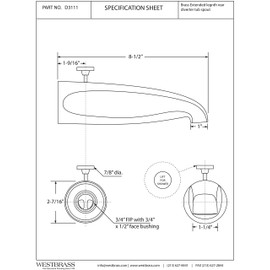 Westbrass D3111-07 8-1/2" Reach Wall Mount Tub Spout with Rear Diverter, Satin Nickel