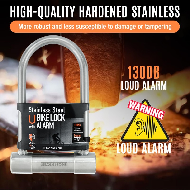Black Stone Stainless Steel U Bike Lock-130dB Alarm System, 14mm