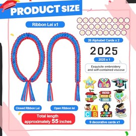 Juexica Class of 2025 Kindergarten Graduation Ribbon Leis with Alphabetic Cards Number 2025 Stickers Decorative Cards DIY Braided Necklace Making Kit for Kindergarten Graduation Gift(Red, Blue)
