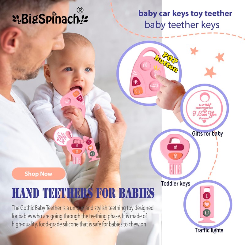 BIGSPINACH Baby Goth Teething Keys Toy 6-12M Pink Car Key