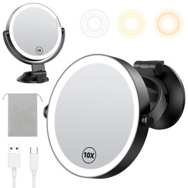 Gospire 7” Wall Mounted Makeup Mirror with Powerful Suction Cup, Double Sided 1X/10X Magnification, 3 Color Lights and Adjustable Brightness, 2000mAh Rechargeable Battery, Shaving for Men - Black