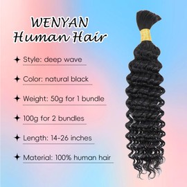 Human Braiding Hair Deep Wave Crochet Hair 2 Bundles Twist Human Hair Brazilian Hair Brazilian Strands Natural Color Black Natural (20 inch, 100g)