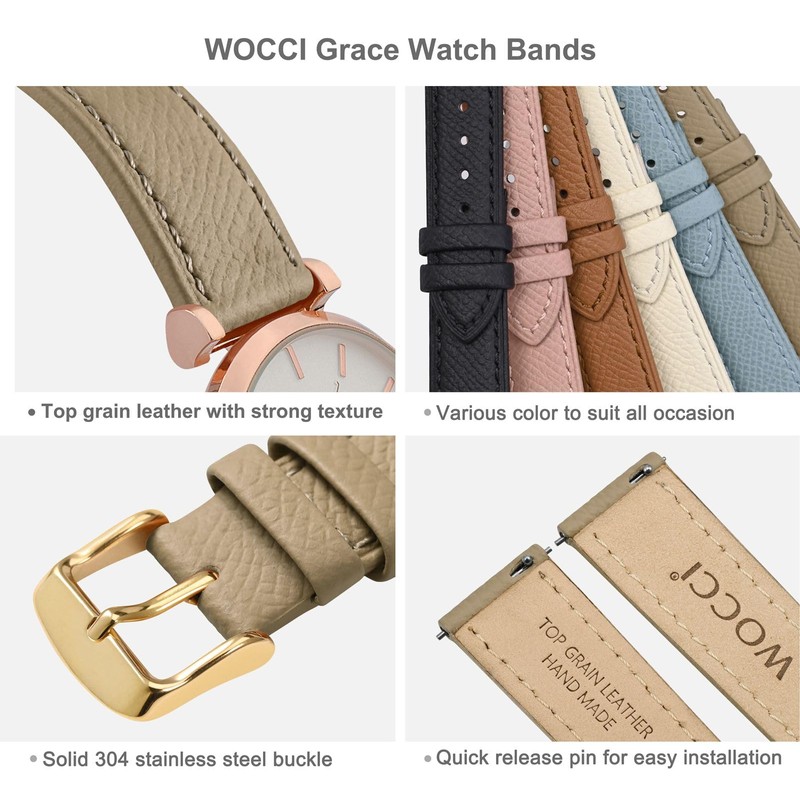 WOCCI 18mm Grace Leather Watch Strap for Ladies, Top Grain