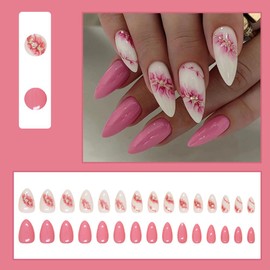 30 Pcs Pink Press on Nails Short Almond YIHONGYAN Spring Fake Nails Press ons Acrylic Full Cover False Nails Glue on Nails Art Glitter Rhinestone Design False Nails Stick on Nails for Women Manicure