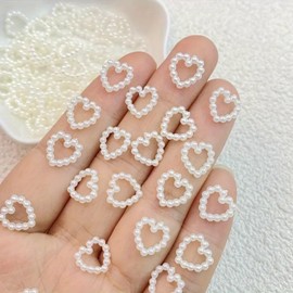 100Pcs Hearts Nail Charms Valentine Nail Design Rhinestones Charms Cute Hollow Pearls Heart Nail Art Charms Flat Back Resin Nail Art Supplies White Heart Nails Charms for Women Manicure