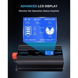 CAPTOK 1500W Pure Sine Wave Inverter DC 12V AC 120V Double LCD Screen Remote Control Power Inverter 30W USB-C 4AC Outlets for RV, Home, Solar System