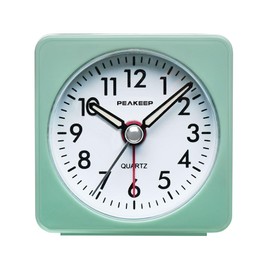 Peakeep Ultra Small, Battery Travel Alarm Clock with Snooze and Light, Silent with No Ticking Analog Quartz (Aquamarine)