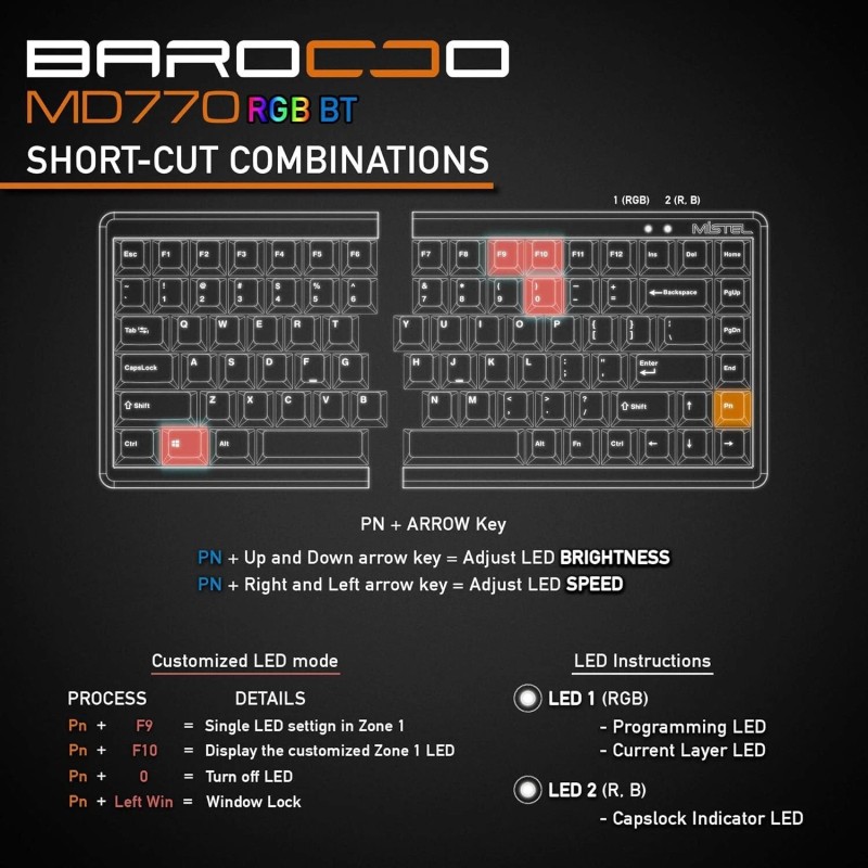 Mistel MD770RGB BT Wireless Split Mechanical Keyboard with Cherry MX