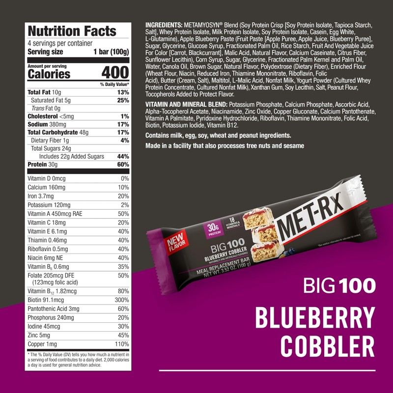 MET-Rx Big 100 Colossal Protein Bars, Blueberry Cobbler, Meal Replacement