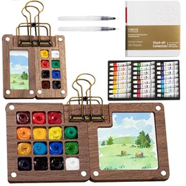 Vauki Mini Painting Box Watercolour Set 24 Colours - 2 Watercolour Palettes, Premium Wooden Palette with Travel Box Made of Beech Wood, 2 Mini Watercolour Boxes with Lid for Artists & Outdoor Sketch
