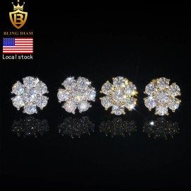 Blingdiam Pass Diamond Teater High Quality 11MM Flower Hip Hop Screw Back Diamond Stud Moissanite EarringsColor: 11mmGold