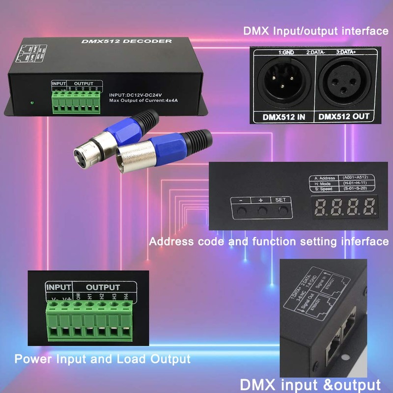 AZIMOM LED 4Channel DMX Decoder Controller with Digital Display DC5V-24V