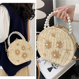 Straw Bag Handbag Shoulder Bag Summer Woven Cute Purses Vacation Beach Purse Crossbody Bag Rattan Bag (Beige)