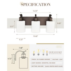 JAZAVA 3 Light Bathroom Vanity Light, Morden Vanity Lighting Fixtures Over Mirror Oil Rubbed Bronze Bathroom Sconces Wall Lighting with Milky White Frosted Shade ZCVL01ORBW-3