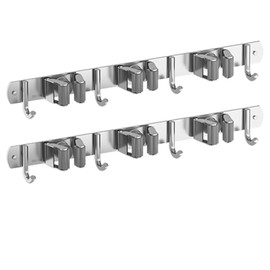 2pcs 304 Stainless Steel Broom Holder 3 Racks 4 Hooks Wall Mount Mop Hanger Organizer
