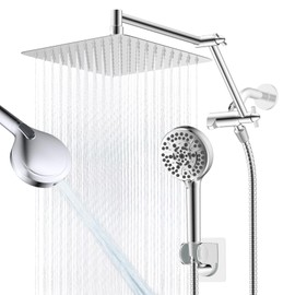 All Metal Rain Shower Head, 10” High Pressure Rainfall Shower Head with Handheld, 5" Large Handheld Showerhead Powerful Cleaning 10-Spray, 16" Shower Extension Arm Adjustable Height/Angle, Chrome