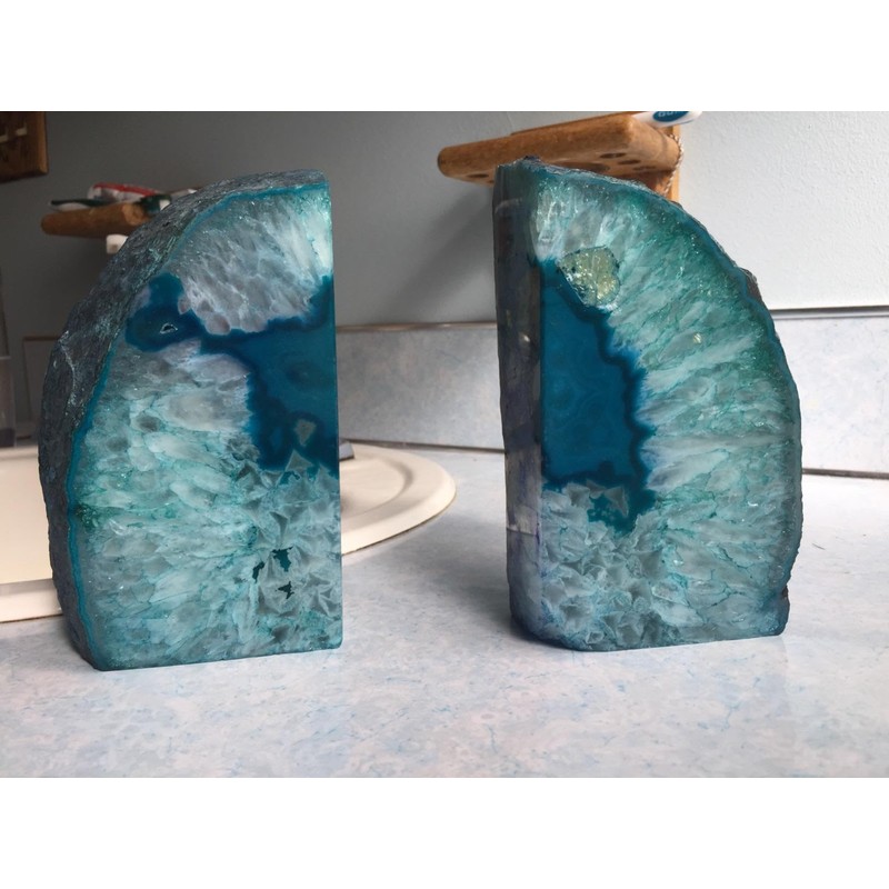 AMOYSTONE Teal Agate Bookends, Large Decorative Crystal Stone Ends 4-6