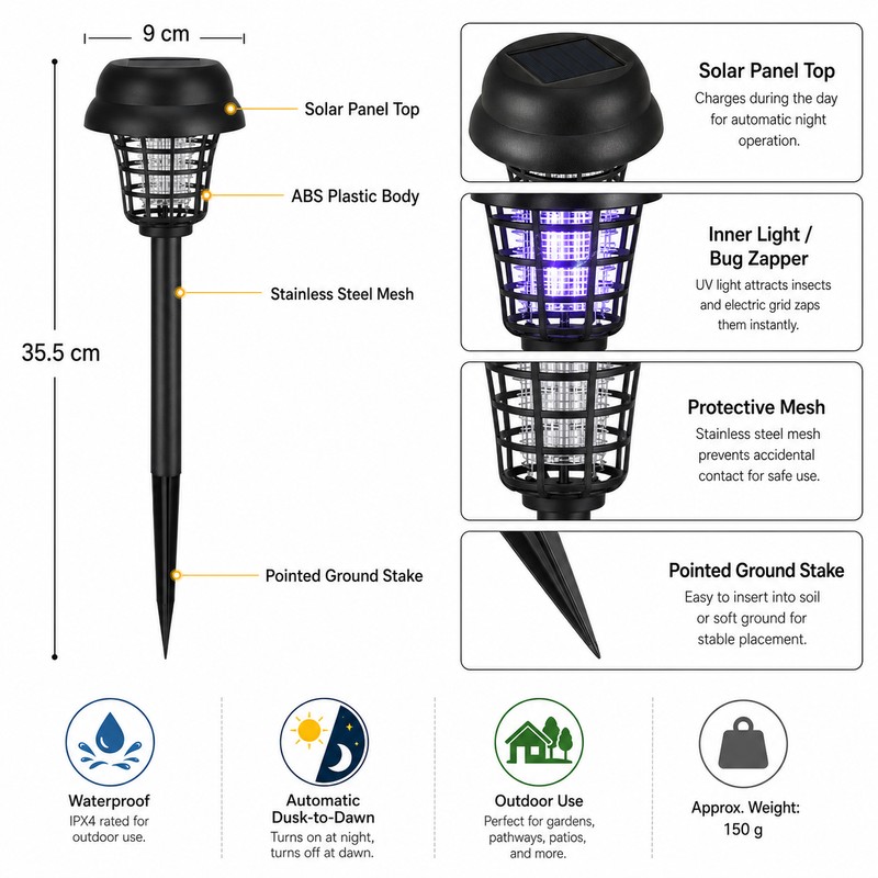2/12-Pack Solar Bug Zapper Garden Lights – Automatic Outdoor Flying-Insect
