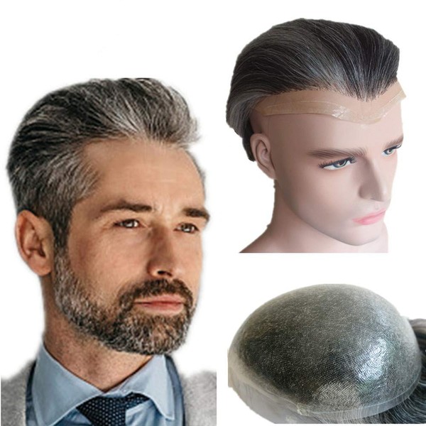 Grey hair Toupee for men Hair pieces for men N.L.W. European virgin human hair replacement system for men, 10" x 8" human hair toupee men hair piece. PU Base