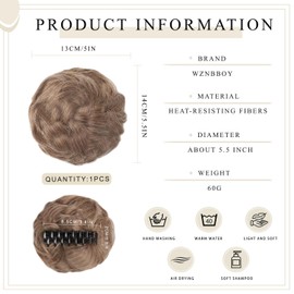 WZNBBOY Ash Brown Curly Wavy Faux Hair Bun Extensions Synthetic Chignon Tousled Updo Hair Scrunchie Claw Clip Ponytail Hairpiece