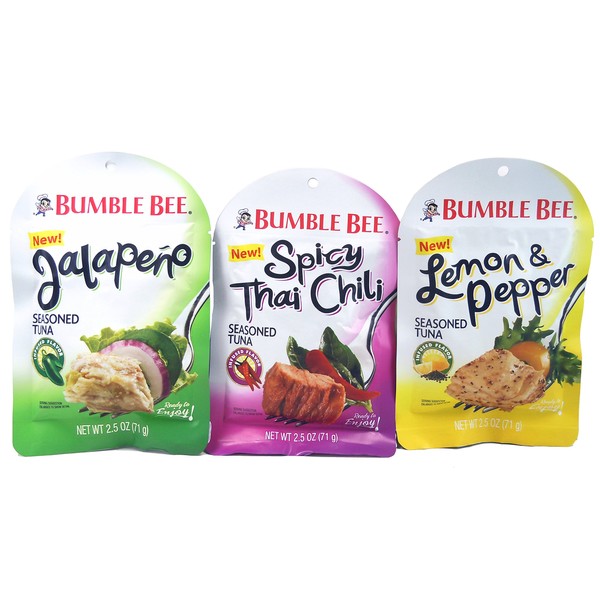 Bumble Bee NEW Seasoned Tuna Spicy Thai Chili, Jalapeno, and Lemon & Pepper 2.5 oz. Bundle of 3 Pouches