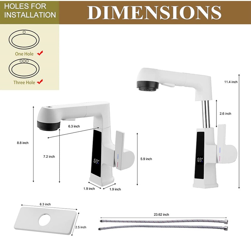 Qeemee LED Bathroom Faucet with Pull Out Sprayer, Grey Temperature