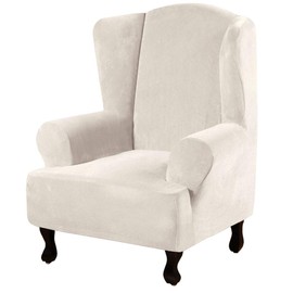 H.VERSAILTEX Wingback Chair Covers Velvet Plush Wing Chair Slipcover 1 Piece High Stretch Wing Back Chair Slipcovers Sofa Cover Furniture Cover with Elastic Bottom, Ivory