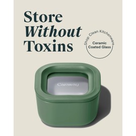 Caraway Mini Square Food Storage Container - 1.75 Cup Glass Storage Container for Food - Non-Toxic Ceramic-Coated Glass - Air Release Technology - Compact & Stackable Design - Sage