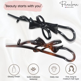 Parcelona French Twist n Clip Bow Tortoise Shell Celluloid Acetate Set of 2 Metal Free Hair Clip Barrettes