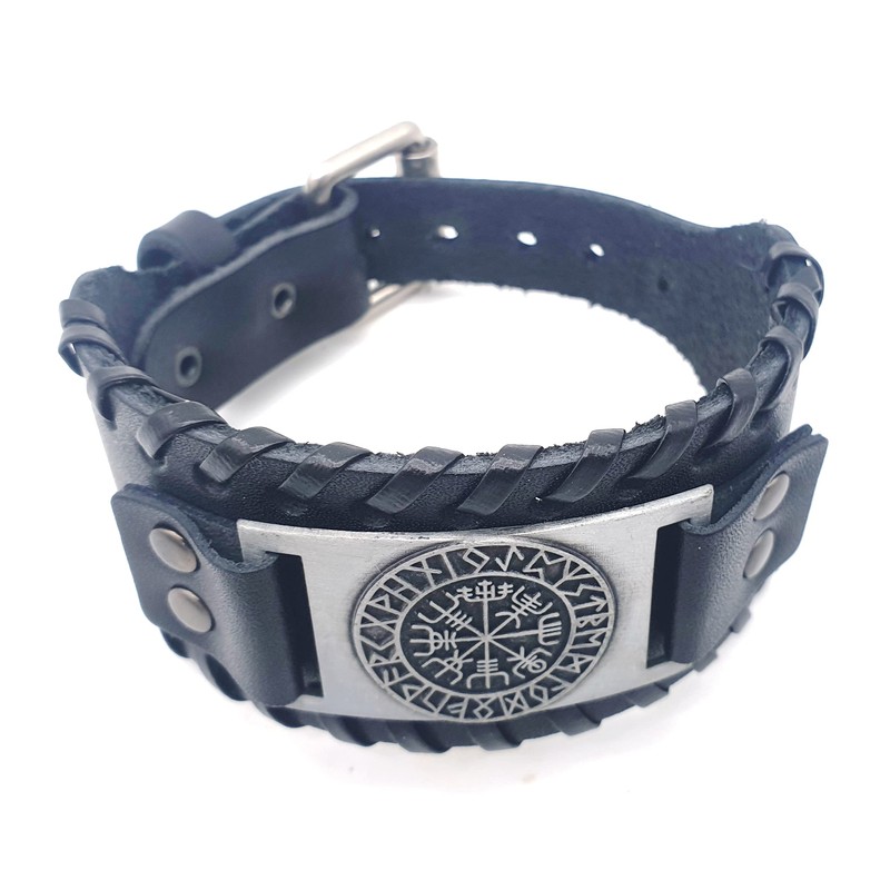Vikings Vegvisir Viking Compass Leather Bracelet Metal Black Silver, Zinc