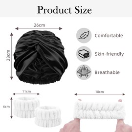 Black Silk Soft Bonnet Double Layer for Sleeping with Face Wash Wristbands – Elastic Satin Cap for Women, Ideal for Makeup, Skincare, Curly & Straight Hair Care