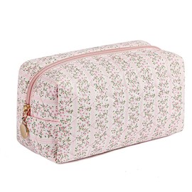Makeup Bag Quilted,Cotton Cosmetic Pouch,Large Make Up Bag for Women,Cute Flower Travel Toiletry Bag Organizer Portable for Purse,Floral Pink