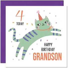 4th Grandson Birthday Card for Kids Cat Cute Grandsons Birthday Card for 4 Year old Kids four, fourth