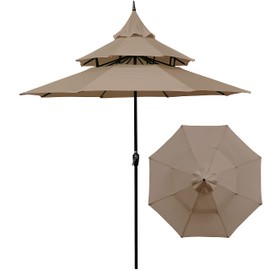 ABBLE Outdoor Patio Umbrella 9 Ft Pagoda with Crank, Weather Resistant, UV Protection, Durable, 8 Sturdy Steel Ribs, 3 Tier Vented Market Outdoor Table Umbrella,Tan