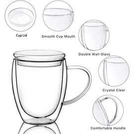 15 Oz Double Walled Glass Coffee Mugs, 2 Packs Clear Coffee Mugs with Lids Insulated Coffee Cups with Handle Perfect for Cappuccino,Tea,milk ,Espresso,Latte, Hot Beverage Set of 2 (Glass lid, 15oz)