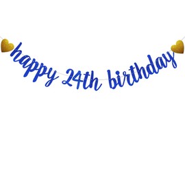 SUNbetterland Blue glitter Happy 24th Birthday Banner, Pre-Strung,Boy's Man's 24th Birthday Party Decorations Supplies, Happy 24th Birthday