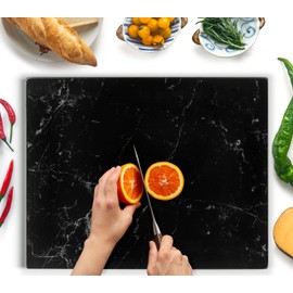 Kitchenville Tempered Glass Cutting Board 16"x20" : Kitchen Counter Protector, Heat & Scratch Resistant, Non-Slip Feet - DESIGN 1 - Black Marble Effect - Large