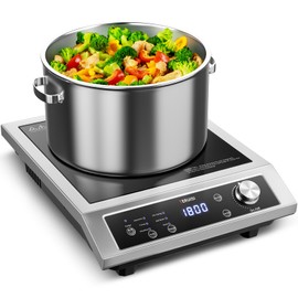 TERUISI Induction Cooktop Commercial, 1800W Electric Stove with 18/10 Stainless Steel, 4 Hours Timer, 6 Preset Functions, 8 Temp/Power Levels, Portable Countertop Burner for RV Home Kitchen