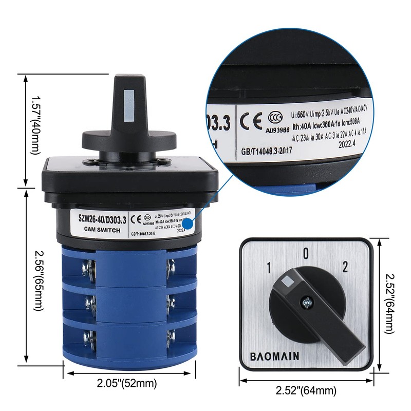 Baomain Rotary Cam Changeover Switch SZW26-40/D303.3 AC 660V 40A 12