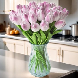 Gowwfud 20pcs Artificial Tulips PU Touch Single Stem Fake Flower Bouquet Arrangement for Home Party Wedding Decoration (Purple)