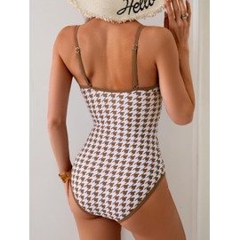 Eomenie - Traje de baño de una pieza para mujer, con control de abdomen, adelgazante, bloque de color, correa espagueti, traje de baño de 1 pieza, café Blanco Impreso, M